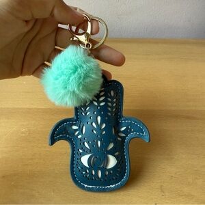 Women’s Hamsa Teal & Green Furry PomPom Keychain Bag Accessory